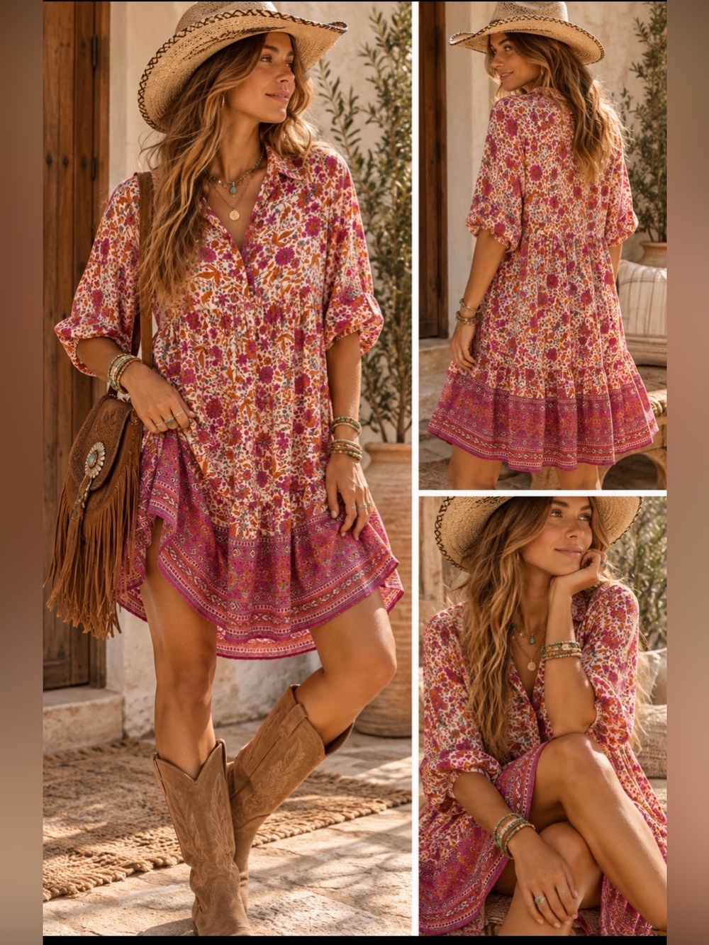 Natural Life Becca Pink Floral Border Boho Mini Dress Size Small